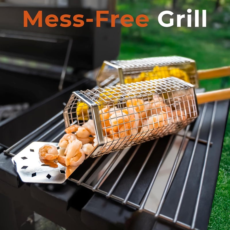 Otawe 2 Pack Rolling Grill Basket – Stainless Steel Grilling Basket with Lid and Removable Wooden Handle – BBQ Accessories for Vegetables, Shrimp, Meat – Outdoor Cooking Gift for Dad or Husband – - Image 4